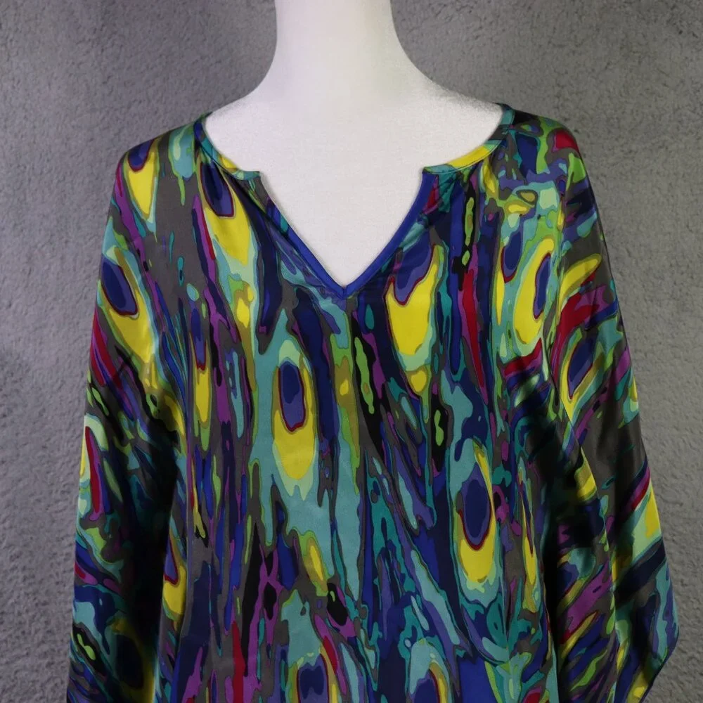 Trina Turk Top Womens P Blue Multicolor V Neck Abstract 100% Silk Blouse - Picture 3 of 10
